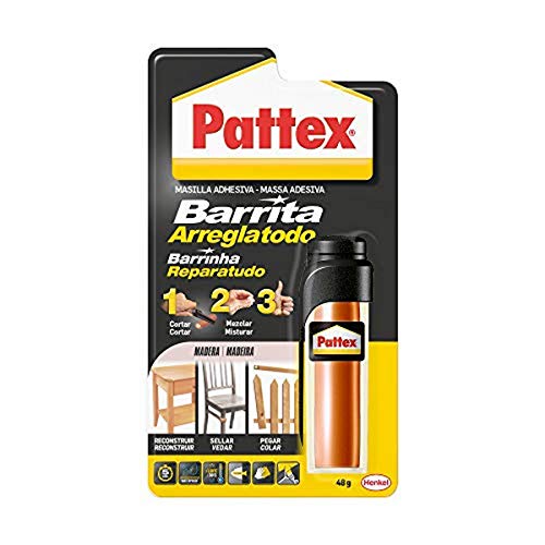 Pattex Barrita Arreglatodo Masilla bicomponente especial madera, pasta moldeable para pegar y reparar, resina epoxi barnizable y lijable para varias maderas, tubo 48 g