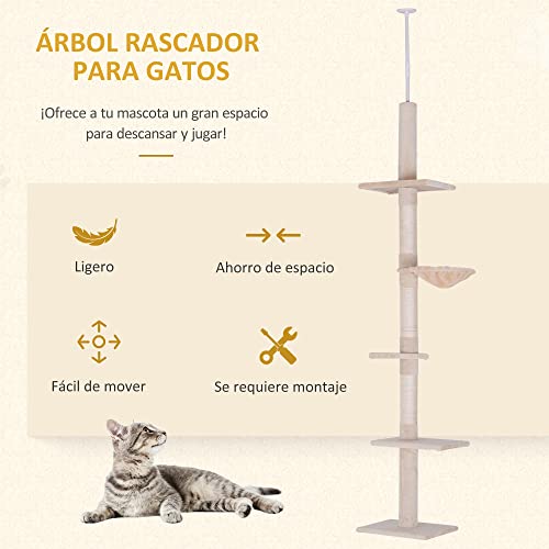 PawHut Árbol para gatos Torre Rascador de Gato de 5 Niveles Fijado al Techo Ajustable en Altura con Múltiples Plataformas Cubierta de Felpa Suave 40x34x230-260 cm Beige