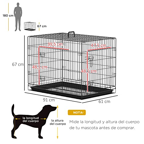 PawHut Transportín de Perro de 2 Puertas Jaula de Alambre para Perros Plegable con Asa Acero 91x61x67cm Negro