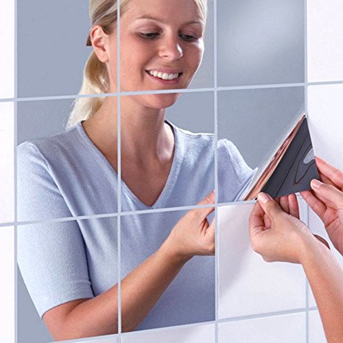 Pegatina espejo 48 Unidades Espejo Adhesivo 15x15cm para Cuarto de Baño Dormitorio Papel Tapiz Pegar Mosaico Espejo