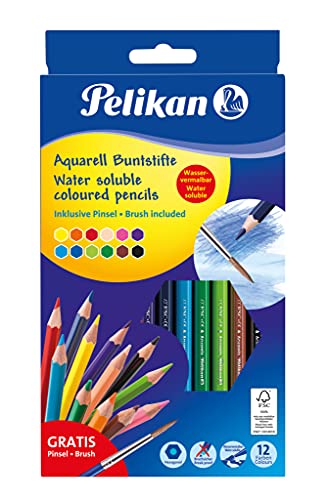 Pelikan - Lápices Acuarelables, 12 Colores, Madera, Forma Hexagonal Ergonómica, Color Soluble En Agua, Para Niños, Para Dibujo