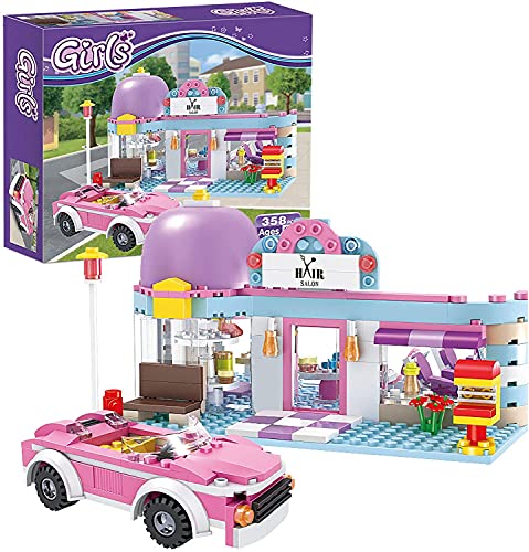 Peluquería juegos niñas juguetes de construcción corte de pelo ladrillos de construcción juguete con coche de carreras regalo de cumpleaños para 6 años de edad 358 piezas