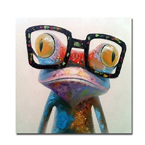 Pintura al óleo hecha a mano Fokenzary, rana con gafas sobre lienzo estirado y enmarcado, listo para colgar, lona, 32x32in