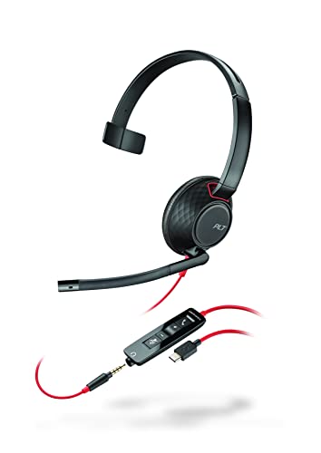 Plantronics, auricular Blackwire 5210 USB-C, con cable de un solo oído para computadoras con micrófono de brazo, se conecta a PC o Mac, tablet o teléfono celular mediante USB-C, conector de 3.5 mm