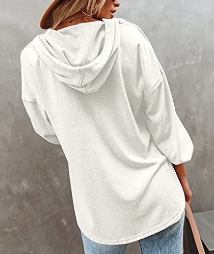 PLOKNRD Camiseta Henley de Manga Larga de otoño para Mujer, Ligera con cordón, (Blanco cremoso, L)