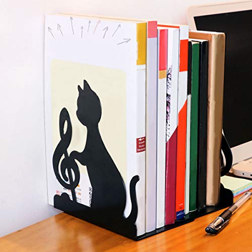 Powcan Sujetalibros de metal negro resistente de 1 par Diseño de nota musical de moda gato Separadores de libros para la biblioteca del dormitorio Material escolar Artículos de papelería