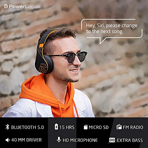 PowerLocus P2 – Auriculares Bluetooth inalambricos de Diadema Cascos Plegables, Casco Bluetooth con Sonido Estéreo Micro SD/TF, FM con micrófono y Audio Cable para Movil, PC, Tablet - Naranja