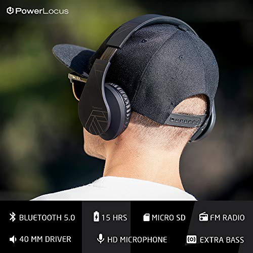 PowerLocus P2 - Auriculares Bluetooth inalambricos de Diadema Cascos Plegables, Casco Bluetooth con Sonido Estéreo Micro SD/TF, FM con micrófono y Audio Cable para Movil, PC, Tablet - Negro