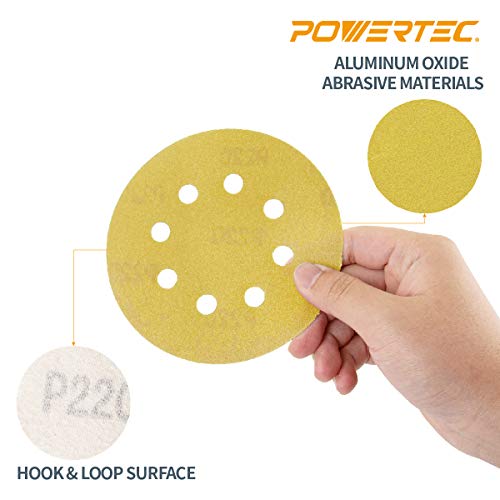Powertec 44001 X G-100 12,7 cm a/O gancho y bucle 8 agujero disco de lijado, surtido granos, 80, 100, 120, 150, 220, oro, 100-Pack