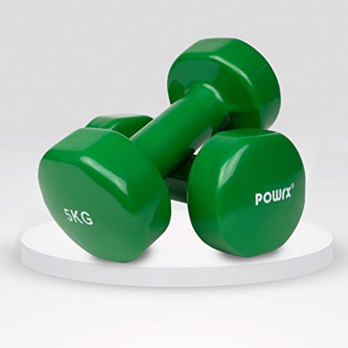 POWRX - Mancuernas Vinilo 10 kg Set (2 x 5 kg) + PDF Workout (Verde Oscuro)