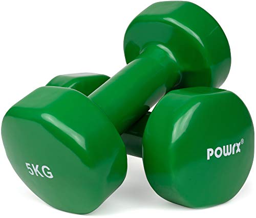 POWRX - Mancuernas Vinilo 10 kg Set (2 x 5 kg) + PDF Workout (Verde Oscuro)