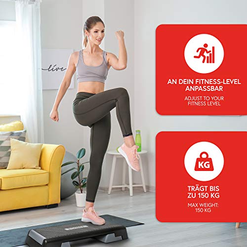 POWRX Step fitness profesional aeróbic (89 x 34 cm) - Ajustable en 3 Alturas (15/20/25 cm) - Stepper ideal para ejercicios de body pump - Superficie antideslizante + PDF workout (Negro)