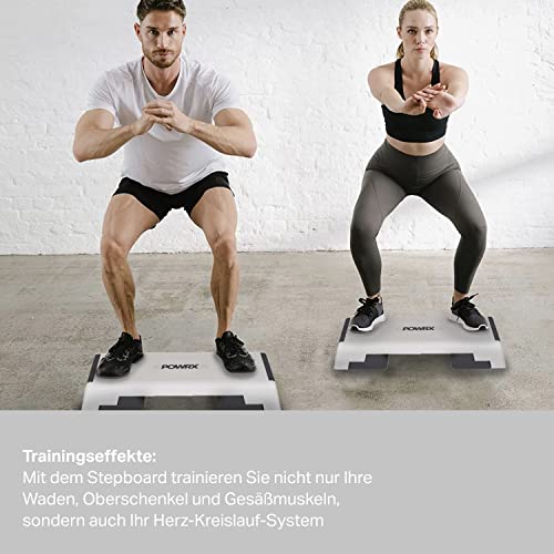 POWRX Step fitness profesional aeróbic (89 x 34 cm) - Ajustable en 3 Alturas (15/20/25 cm) - Stepper ideal para ejercicios de body pump - Superficie antideslizante + PDF workout (Blanco)