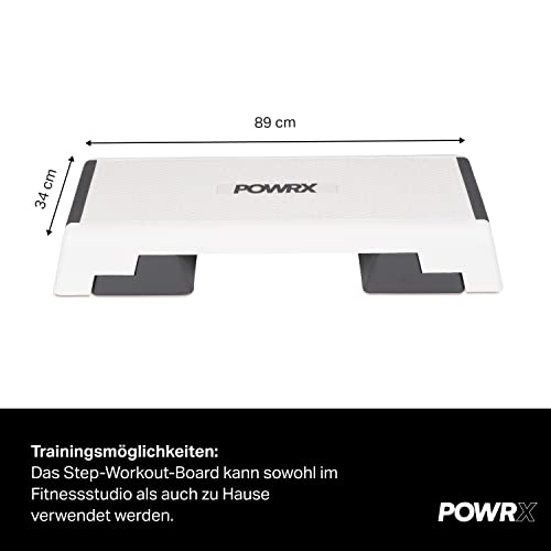 POWRX Step fitness profesional aeróbic (89 x 34 cm) - Ajustable en 3 Alturas (15/20/25 cm) - Stepper ideal para ejercicios de body pump - Superficie antideslizante + PDF workout (Blanco)