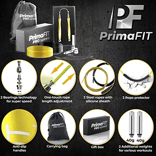 PrimaFIT Pro Speed Cuerda Saltar, Comba Crossfit Hombre y Mujer de Alta Velocidad para Boxeo y Fitness - Mango de Aluminio, Autoajustable, Rodamientos de Rápidos, 2 Lastres, Cable de Repuesto, Bolsa