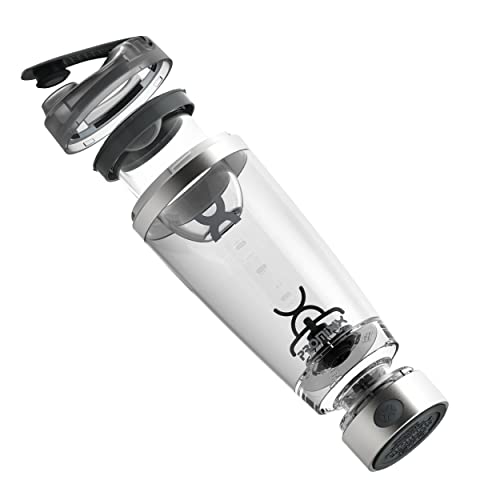PROMiXX Botella Pro Shaker | Recargable, potente para batidos de proteínas suaves, incluye almacenamiento de suplementos, sin BPA, taza de 600 ml (plata blanco/gris)