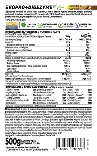 Proteína Vegana Evopro Vegan de HSN | Mezcla de Proteínas: Guisante + Arroz | Con Extra Leucina Vegetal + Hierro + B12 + Stevia | No-GMO, Sin Gluten, Sin Lactosa | Sabor Vainilla Caramelo | 500 gr