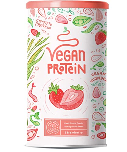 Proteina Vegana - FRESA - Proteinas vegetal de arroz, guisantes, semillas de lino, amaranto, semillas de girasol y semillas de calabaza germinadas - 600 g en polvo con sabor a Fresa