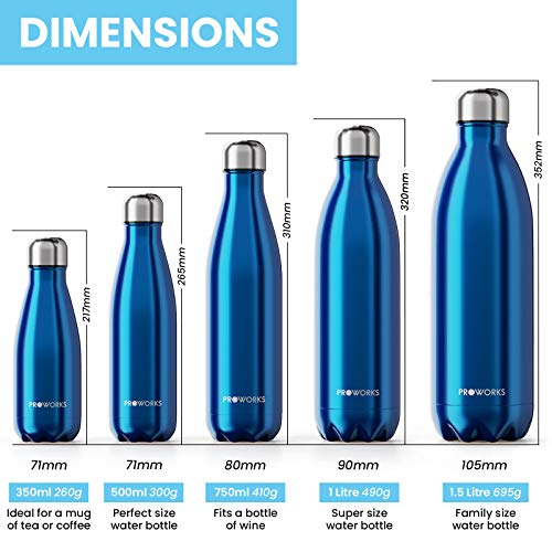 Proworks Botellas de Agua Deportiva de Acero Inoxidable | Cantimplora Termo con Doble Aislamiento para 12 Horas de Bebida Caliente y 24 Horas de Bebida Fría - Libre de BPA - 1.5L – Azul