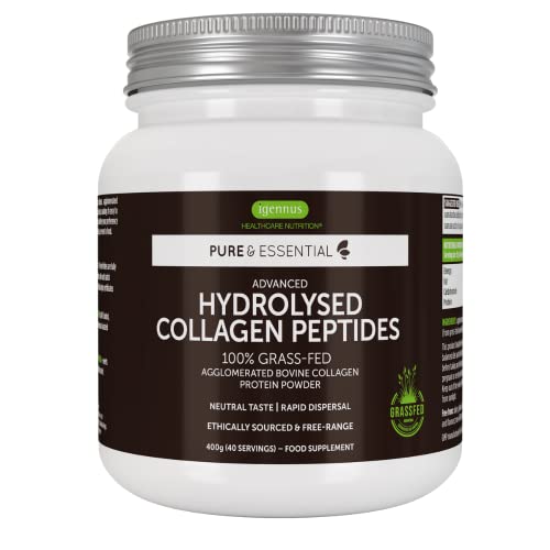Pure & Essential Péptidos de colágeno hidrolizado, Proteína en polvo de colágeno bovino, 100% alimentado con libre pastoreo, fácil a mezclar, 40 porciones