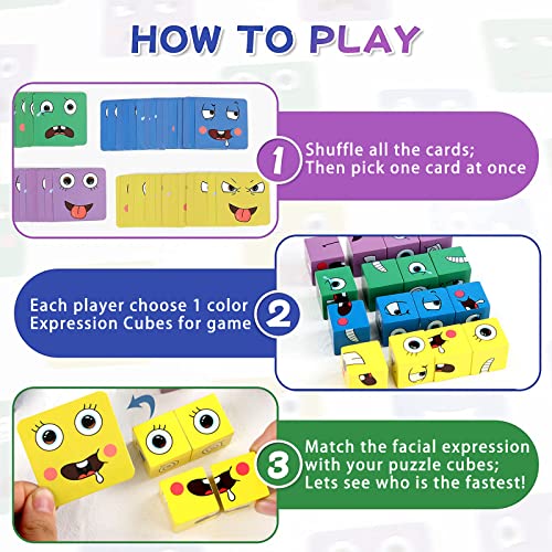 Puzzle de Madera de Expresión Facial, Montessori Juegos Kit de Rompecabezas Juguete 16 Cubos 64 Cartas IQ Puzzle Regalo Navidad, SUMAIRS Cubo Juguetes Educativos para Niños 3+ años