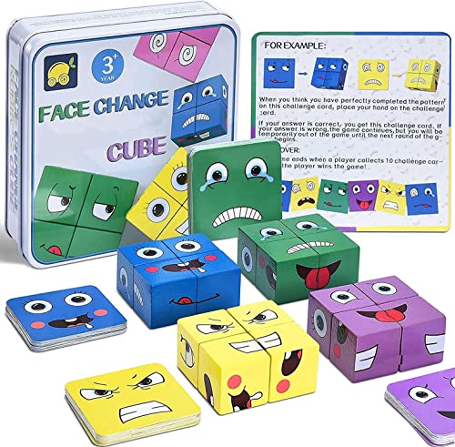 Puzzle de Madera de Expresión Facial, Montessori Juegos Kit de Rompecabezas Juguete 16 Cubos 64 Cartas IQ Puzzle Regalo Navidad, SUMAIRS Cubo Juguetes Educativos para Niños 3+ años