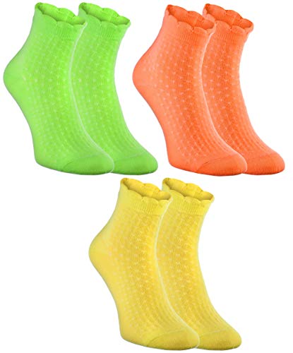 Rainbow Socks - Mujer Niñas Calcetines de Algodón con Volantes - 3 Paar - Pistacho, Salmón Oscuro, Amarillo - Talla 30-35