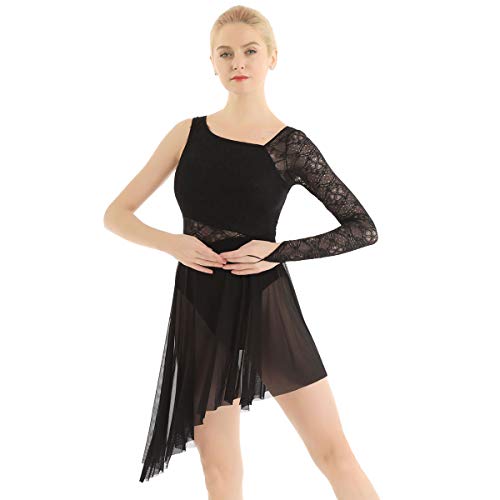 ranrann Asimétrico Vestido de Ballet Encaje para Mujer Maillot Danza Clásica con Falda Una Manga Vestido de Baile Lírico Contemporánea Dancewear Negro Large