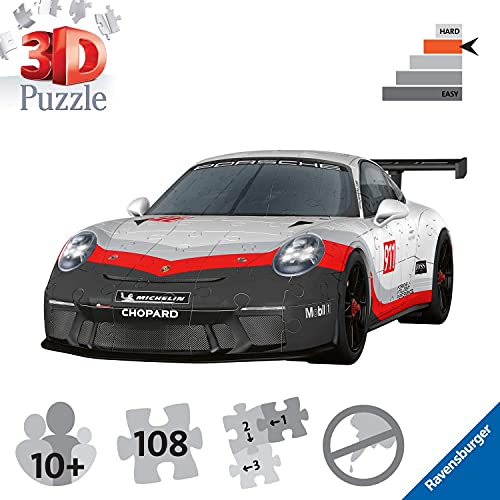 Ravensburger - Puzzle 3D, Puzzle 3D Porsche 911 GT3 Cup, Edad Recomendada 10+, 108 piezas de puzle de plástico numeradas + 28 accesorios + instrucciones - Dimensiones: 8,00 cm x 25,10 cm x 11,10 cm