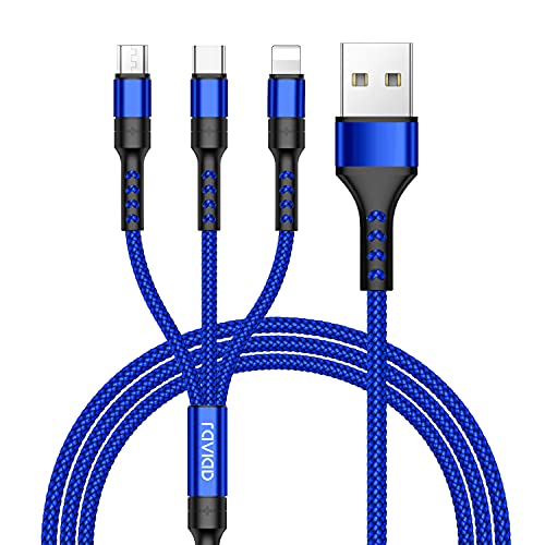 RAVIAD 3 en 1 Multi Cable de Carga, Multi USB Cargador Cable [1.2M] Nylon Múltiples Micro USB Tipo C para Android Samsung Galaxy S10/S9/S8/S7, Huawei P30/P20, Sony, Xiaomi, OnePlus- Azul