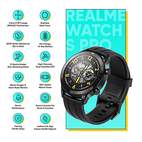 realme Watch S Pro Smartwatch, Pantalla táctil AMOLED, 14 días de duración de la batería, GPS de doble satélite, Resistencia al agua de 5 ATM, Monitor de Oxígeno en Sangre y frecuencia cardíaca