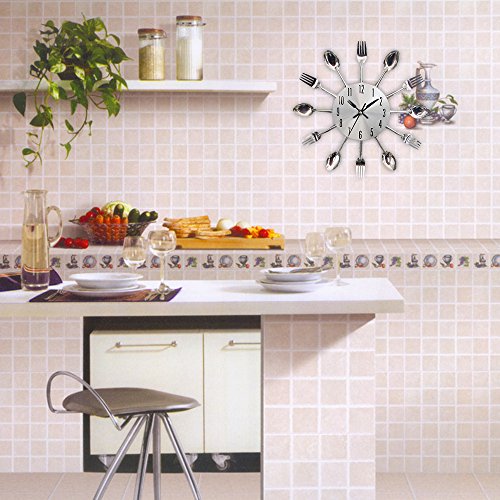 Reloj de cocina efecto espejo con diseño de cuchara, tenedor, cubertería, adhesivo extraible en 3D para decoración del hogar
