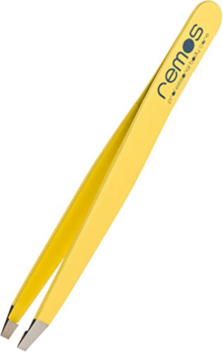 Remos - Pinzas para cejas de acero inoxidable con punta recta, 9,5 cm, color amarillo