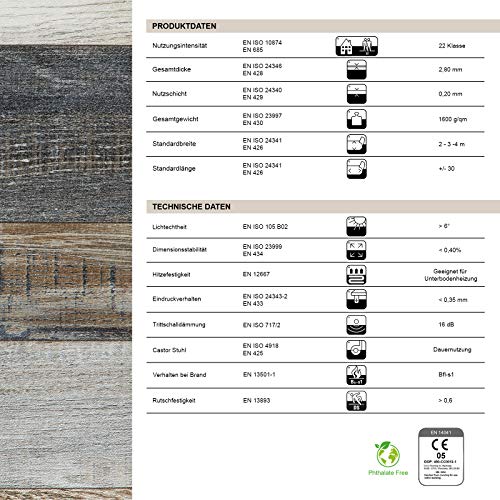 Revestimiento de suelo CV PLAZA – Suelo de PVC extra resistente (espumado) – Cuban Oak Mix 967M – Aspecto de madera noble – Superficie estructurada – Metro (100 x 100 cm)