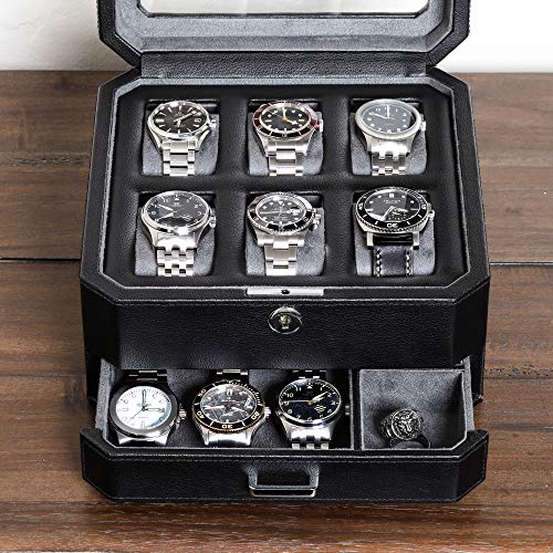 ROTHWELL Caja de reloj de cuero de 6 ranuras con cajón de servicio, organizador de exhibición de caja de reloj de lujo, soporte para cajas de almacenamiento para hombres(negro / gris)