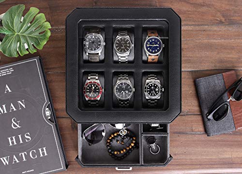 ROTHWELL Caja de reloj de cuero de 6 ranuras con cajón de servicio, organizador de exhibición de caja de reloj de lujo, soporte para cajas de almacenamiento para hombres(negro / gris)