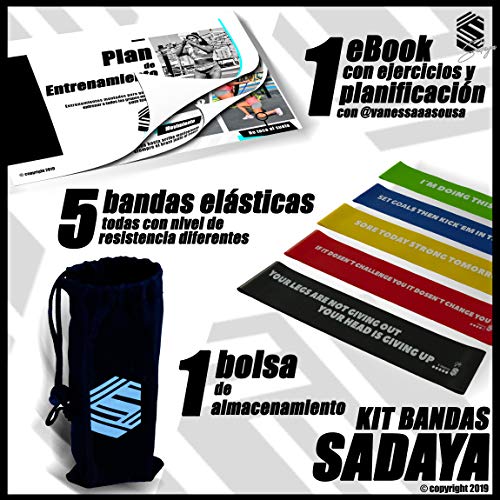 Sadaya - Bandas Elasticas Fitness/Bandas de Resistencia/Resistence Loop Bands, eBook en Español y Portugués + Bolsa, Juego de 5 Cintas elásticas con 5 Niveles de Fuerza, para Yoga, Pilates, Crossfit
