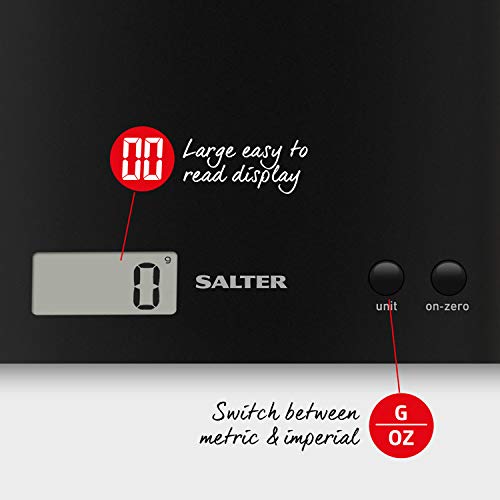 Salter 1066 BKDR15 Báscula de cocina, Ahorro de espacio Fácil de almacenar, Pantalla grande, Función de adición y pesaje más ingredientes en el mismo contenedor, Capacidad 3 kg, Negro
