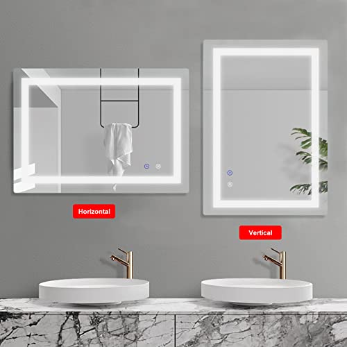 Sanitemodar Espejo de Baño 50 x 70 cm, Espejo de Baño con Tira de LED de Doble Brillo (Luz Blanca Fría 6500K), Espejo de Cortesía con Interruptor Táctil y Función Antivaho