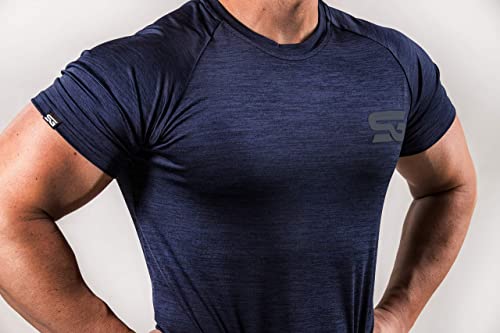 Satire Gym - Camiseta de fitness para hombre – Ropa deportiva funcional – Adecuado para entrenamiento – Corte ajustado, azul marino, XXL