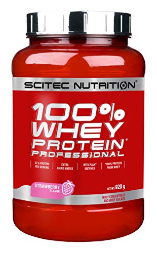 Scitec Nutrition 100% Whey Protein Professional con aminoácidos clave y enzimas digestivas adicionales, sin gluten, 920 g, Fresa