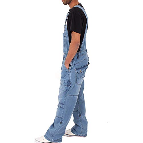 SCYDAO Pasos de Moda de los Hombres Jeans Robos Rogados Denim Bib Mono Correas Ajustables Múltiples Bolsillos,Light Blue,3XL