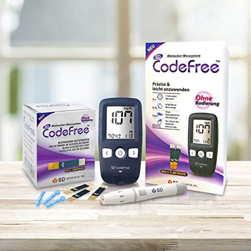 SD Codefree Glucometro Lector Medidor de niveles de glucosa y azucar en Sangre Kit de control de la Diabetes y la Glucemia en mg/dL (Monitor)