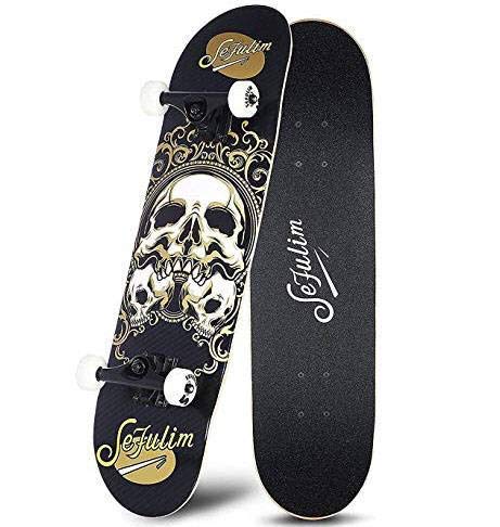 sefulim Skull Skateboard Complete 31x8 Inches Double Kick Trick Skateboards Cruiser Penny Beginners Longboard with Maple Deck Adult Boys Also Girls Skateboard …