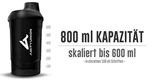 Shaker Deluxe - Proteína Shaker a prueba de fugas - BPA libre y con la escala tamiz de polvo de proteína de suero cremoso sacude (negro 800ml)