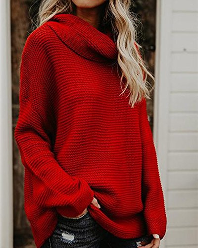 ShallGood - Jersey de punto grueso para mujer, para otoño e invierno, de manga larga, de color liso, holgado, cálido, con cuello vuelto y diseño elegante