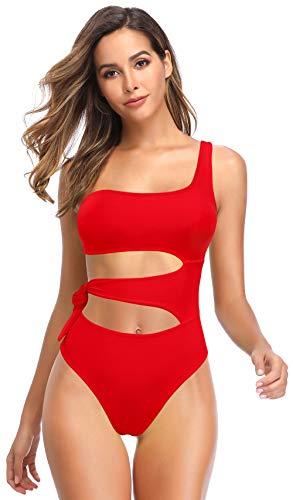 SHEKINI Mujer Chic Asimétrico Traje de baño de Una Pieza Elegante Halter Bañador Control Abdominal Slim Bikini de Una Pieza Ropa de Playa (Rojo, M)