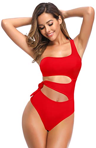 SHEKINI Mujer Chic Asimétrico Traje de baño de Una Pieza Elegante Halter Bañador Control Abdominal Slim Bikini de Una Pieza Ropa de Playa (Rojo, M)