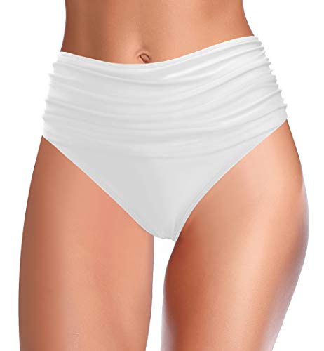 SHEKINI Shorts Natación para Mujer Traje de Baño Retro Abdominal Control Cintura Alta Negros Pliegues Bañador Clásico Bikini Bottoms(M，C-Blanco