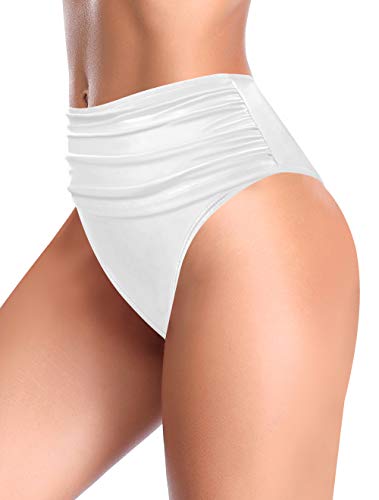 SHEKINI Shorts Natación para Mujer Traje de Baño Retro Abdominal Control Cintura Alta Negros Pliegues Bañador Clásico Bikini Bottoms(M，C-Blanco